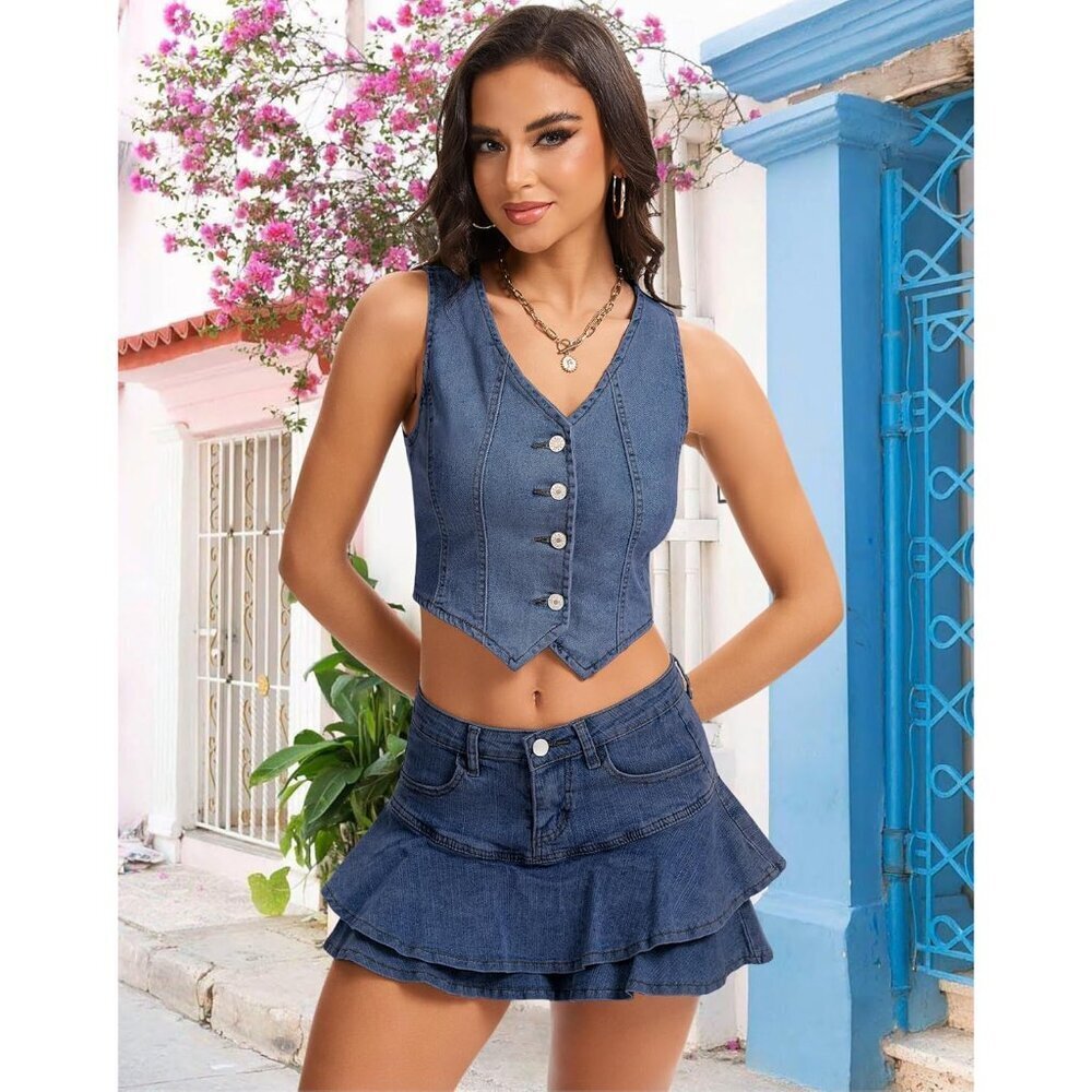 Women Denim Vest Cropped Waistcoat Sleeveless Jean Top Casual Festival - Picture 5 of 7
